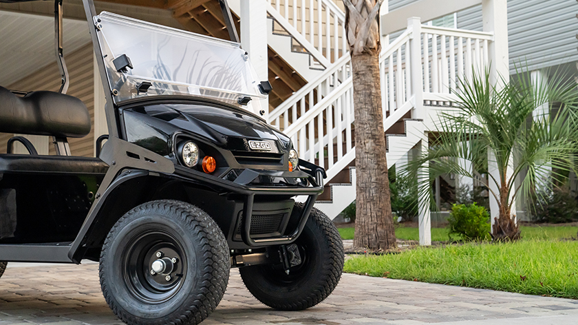 The frontend of an E-Z-GO golf cart.