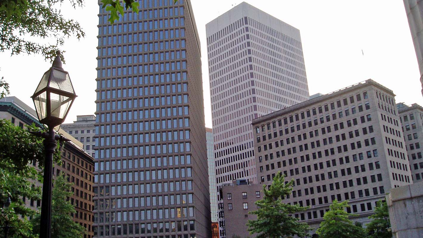 An upward view of buildings in Providence, Rhode Island.