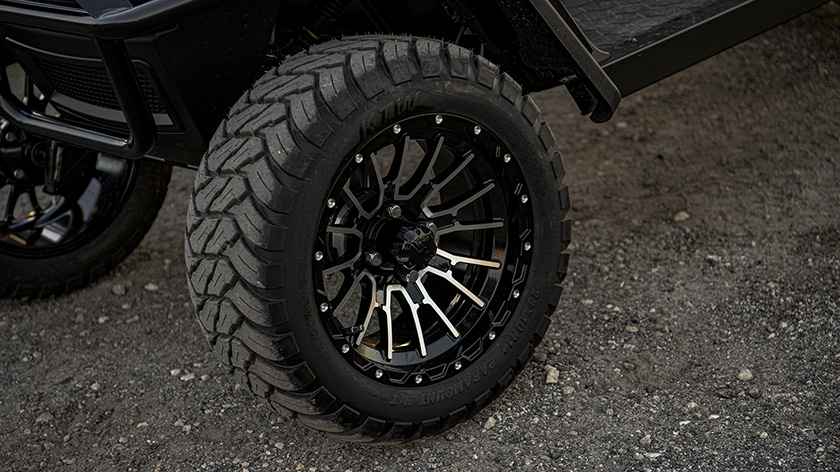 A close-up view of the lifted suspension featured on the Express L6.