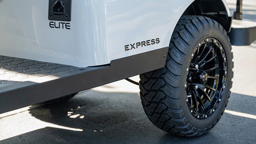 Express emblem on the side of an Express ELiTE with a close up of the tires