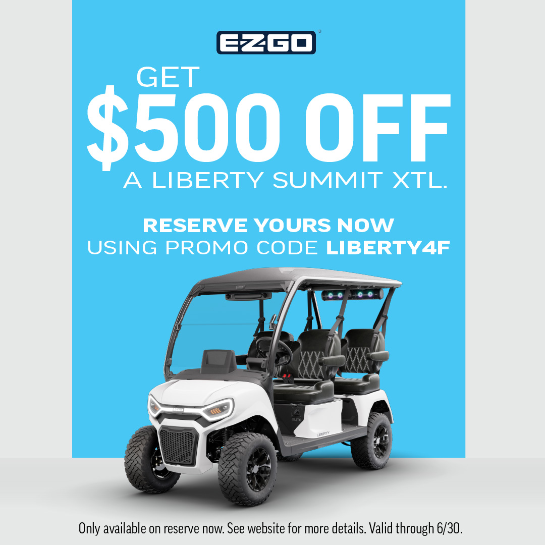 E-Z-GO four forward-facing Liberty 4F Reserve Now Promotion