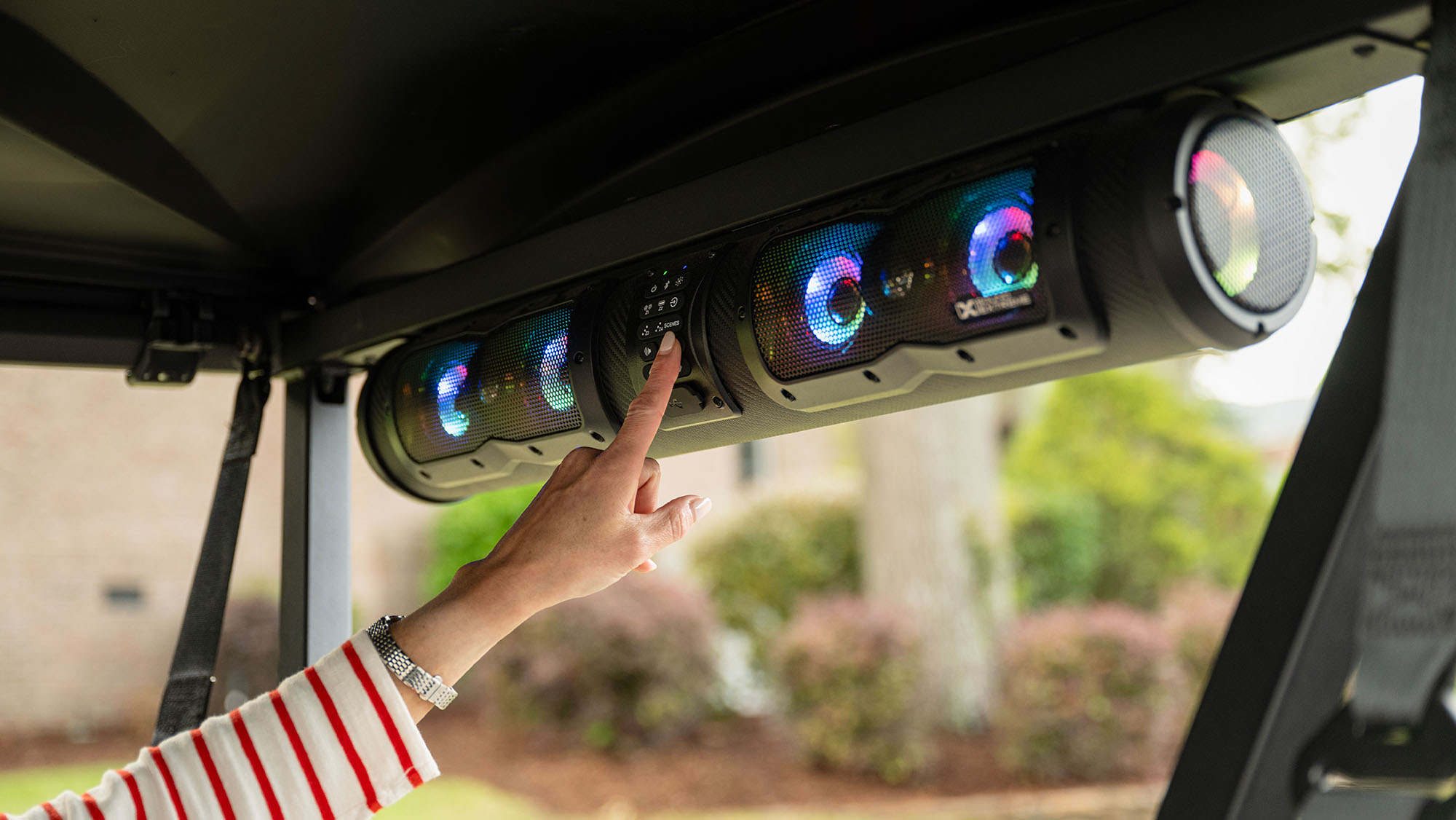 E-Z-GO ECOXGEAR sound bar on an E-Z-GO golf cart