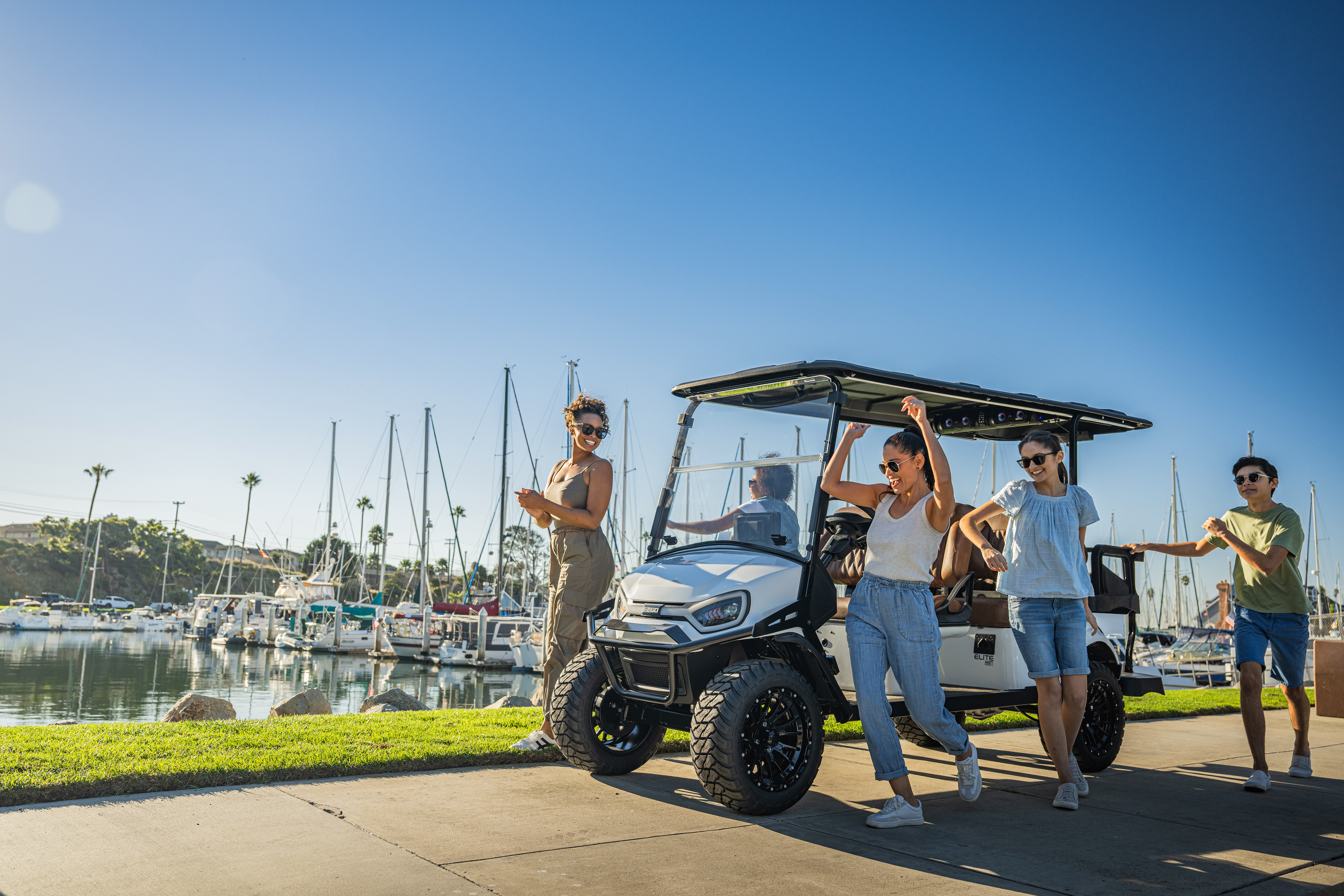 E-Z-GO's six passenger vehicle that is gas or electric with 4-forward and 2 backward seats 