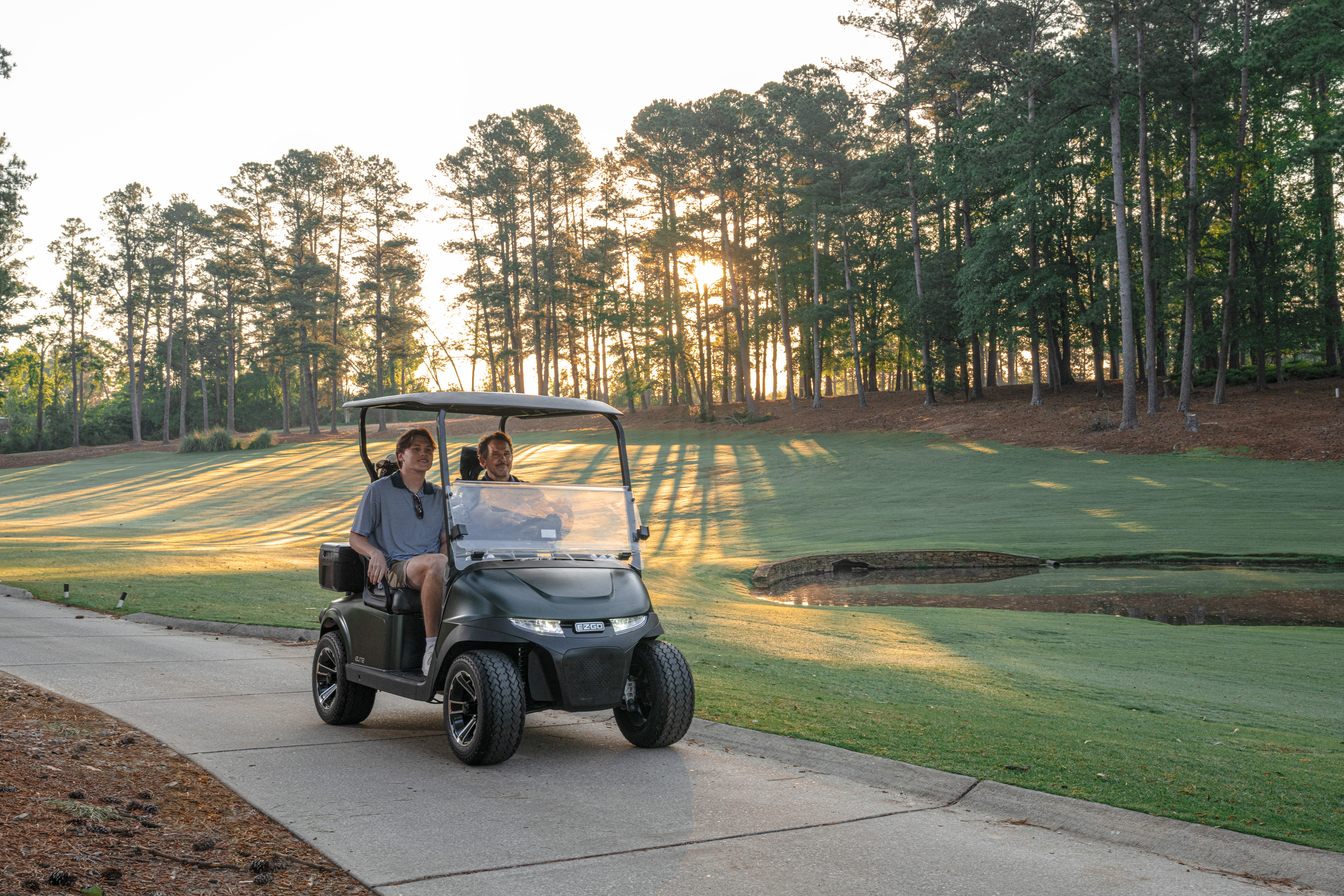 E-Z-GOs two-passenger vehicle is a gas or electric golf cart.