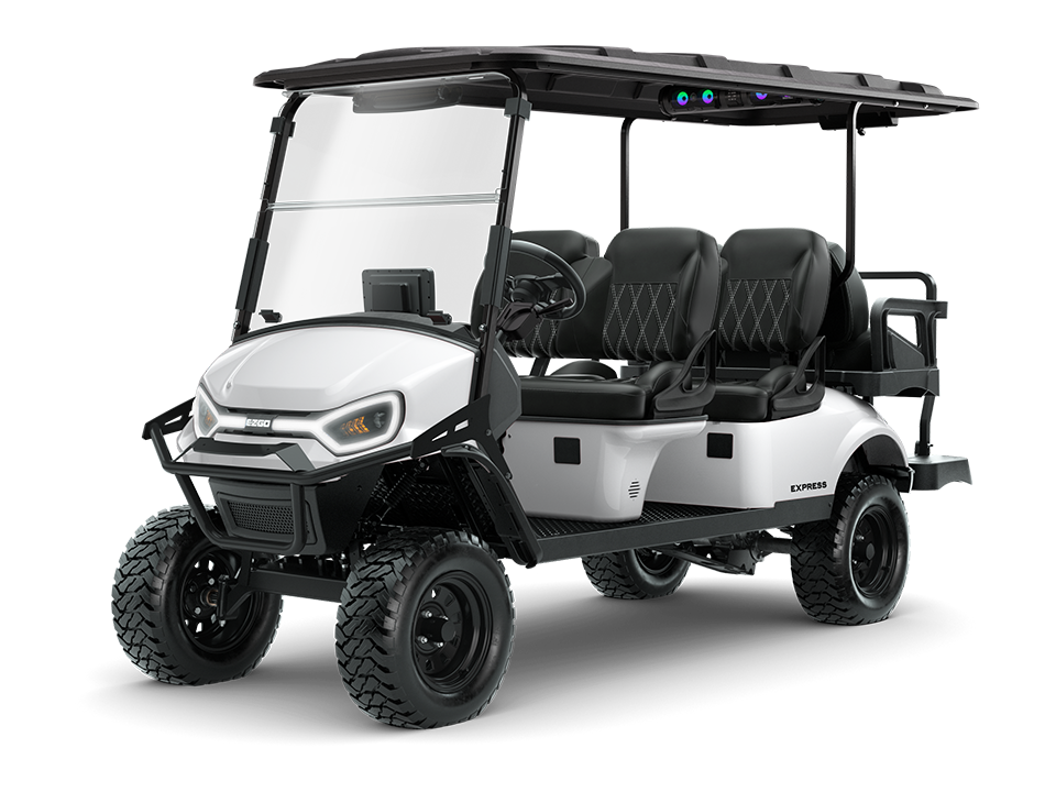 E-Z-GO six passenger golf cart in gas or electric powertrain, the E-Z-GO Express 6 in lifted or standard ride heights