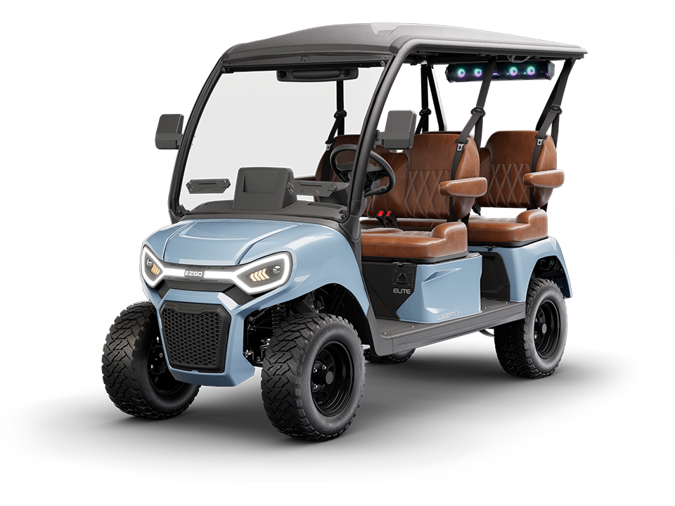E-Z-GO Liberty 4F is a four-passenger electric golf cart with four-forward facing seats. 