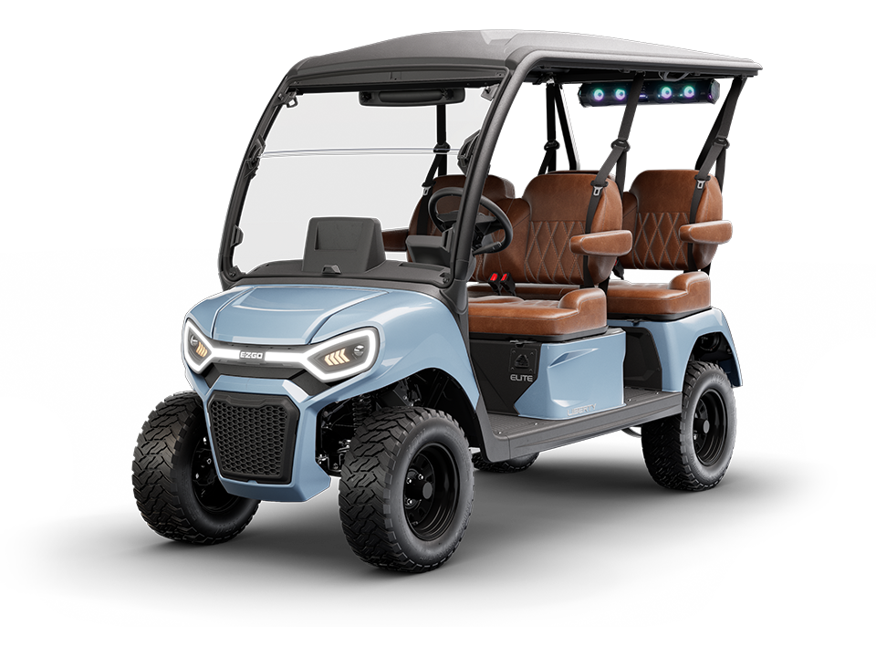 The E-Z-GO Liberty 4F is a four-forward four passenger gas or electric golf cart