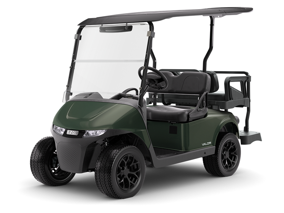 The E-Z-GO RXV 4 is a four-passenger electric or gas golf cart with two-forward and two-rear facing seats
