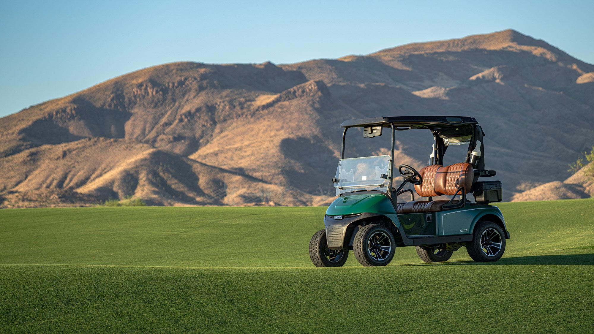 E-Z-GO golf cart on a golf course with a Pace Onyx Ultra Wide screen with green grass and dessert mountains in the back.